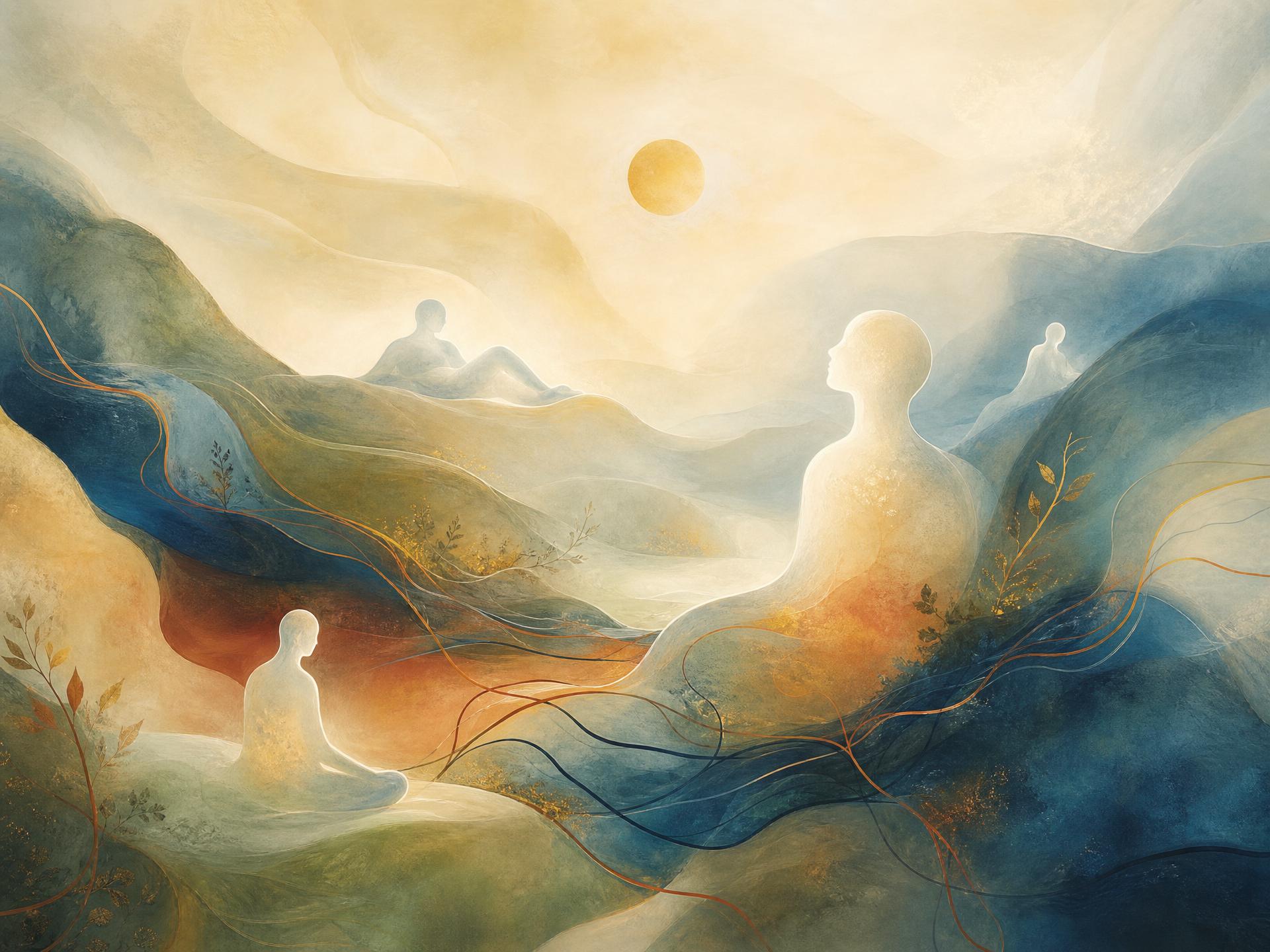 Abstract artwork of calm figures resting in flowing hills of gold, sage, and deep blue